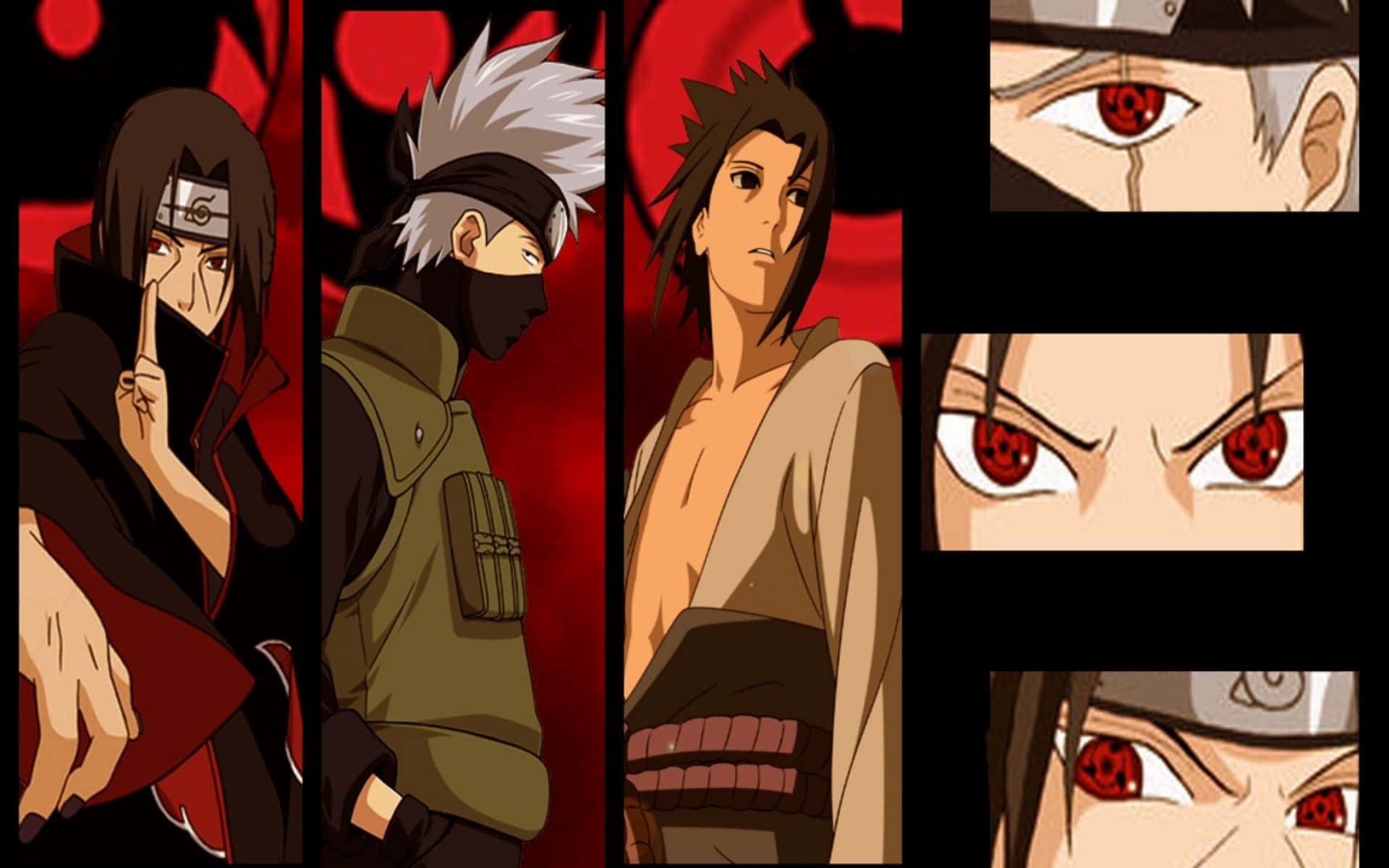 Kakashi And Itachi 桌布 壁紙 — 動漫角色擁有紅色寫輪眼，以拼貼風格呈現在深紅色背景上。