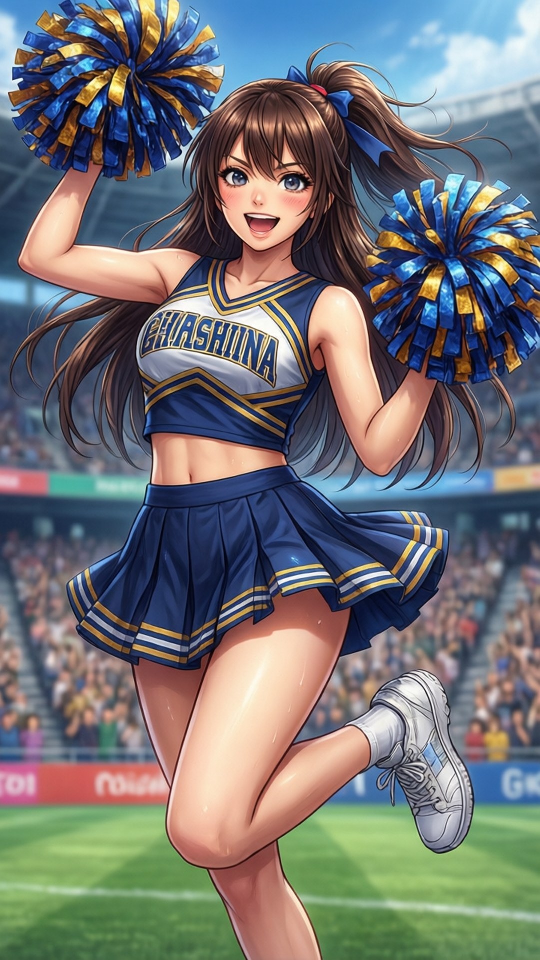Ruka Cheerleader 壁紙 — 一位充滿活力的動漫啦啦隊員，身穿藍色和金色制服，在體育場上拿著彩球充滿活力地跳舞。