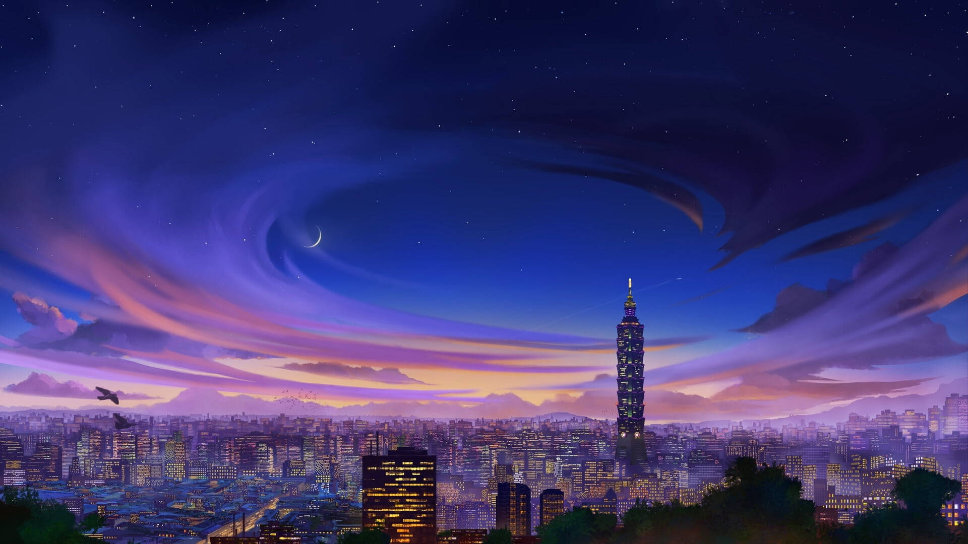 在旋轉的紫色黃昏天空下，新月和星星照耀的城市天際線。 — 台北 壁紙