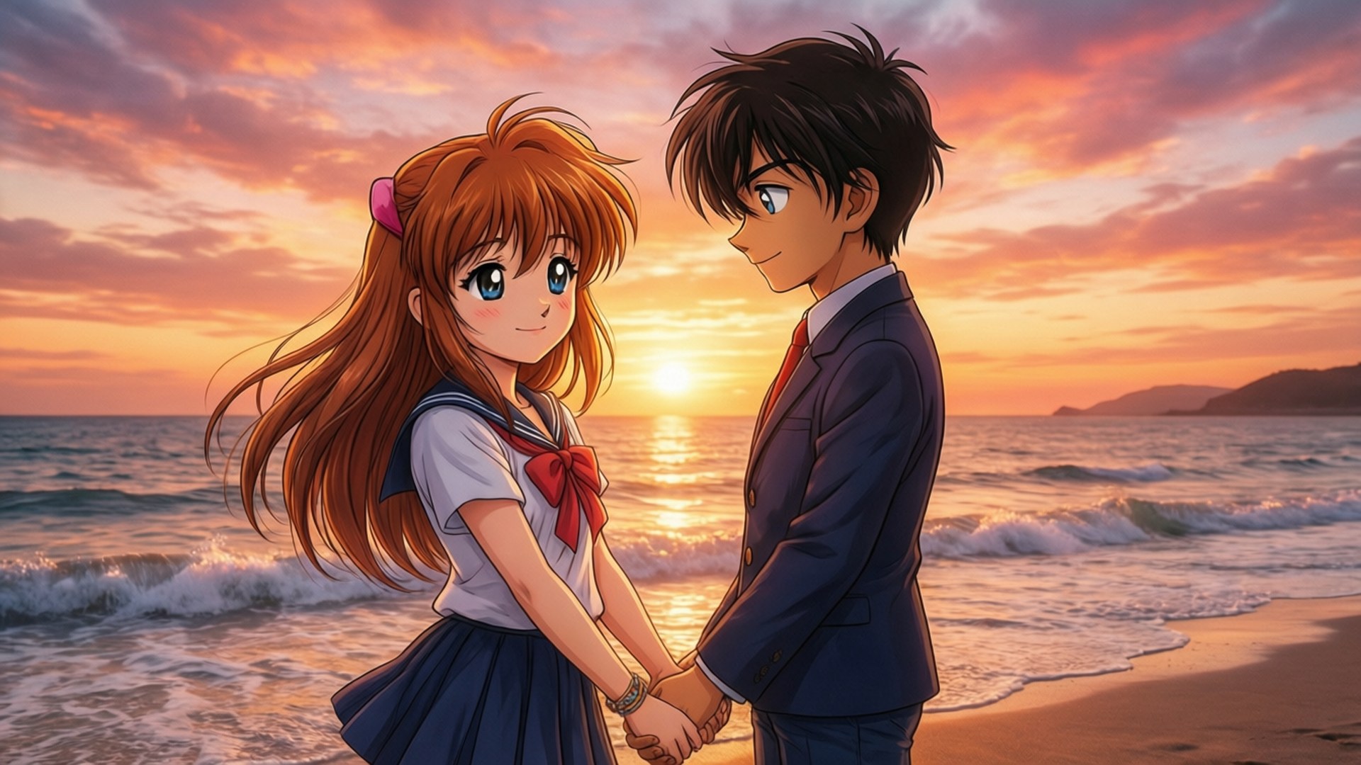 Twilight Promises 壁紙 — 一對年輕動漫情侶在日落時分的沙灘上牽手，天空呈現橙色和粉紅色，海浪輕柔。