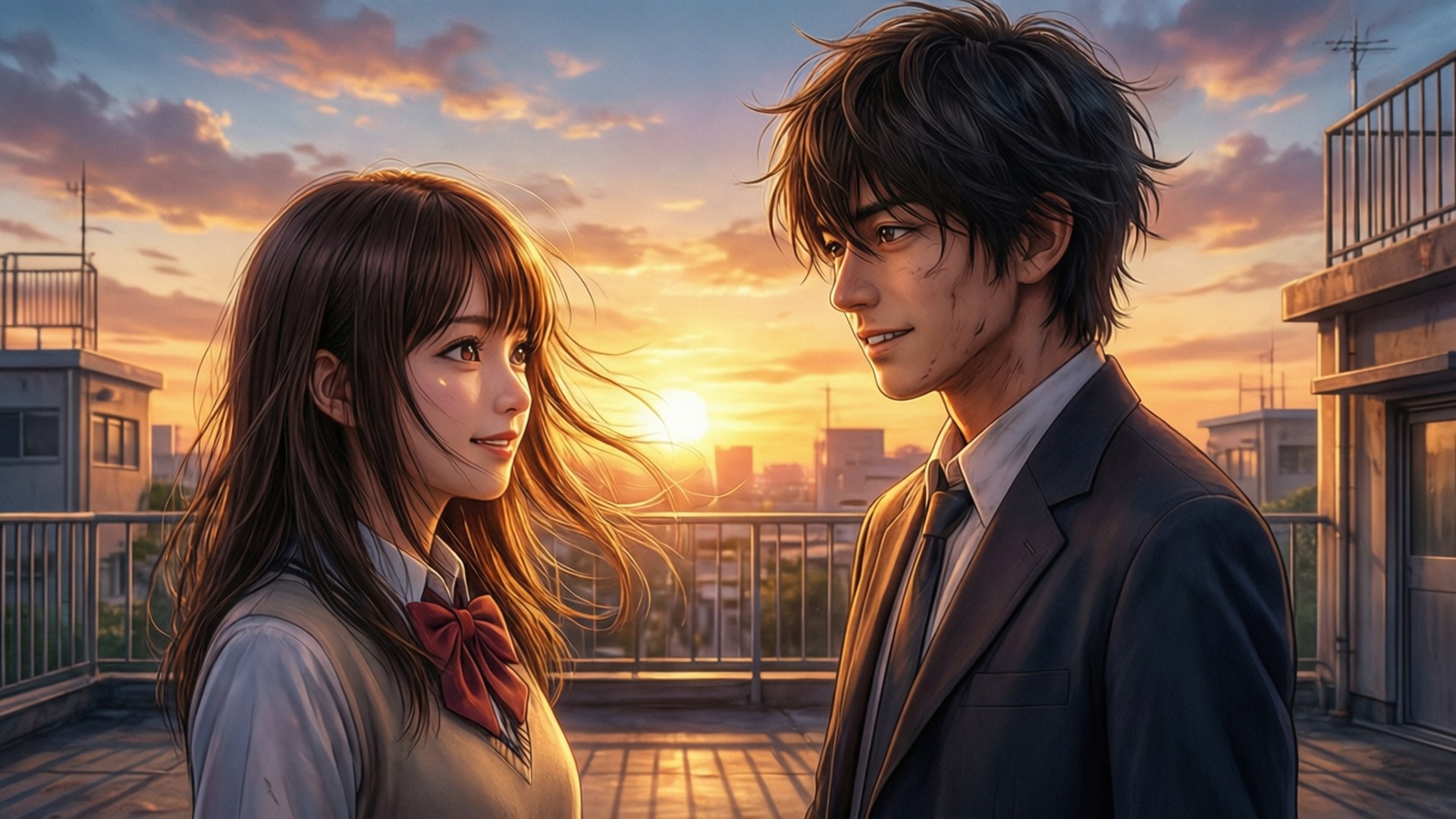 The Dangers In My Heart 桌布 壁紙 — 一對穿著校服的年輕動漫情侶在屋頂上深情對望，夕陽落在城市天際線後方。