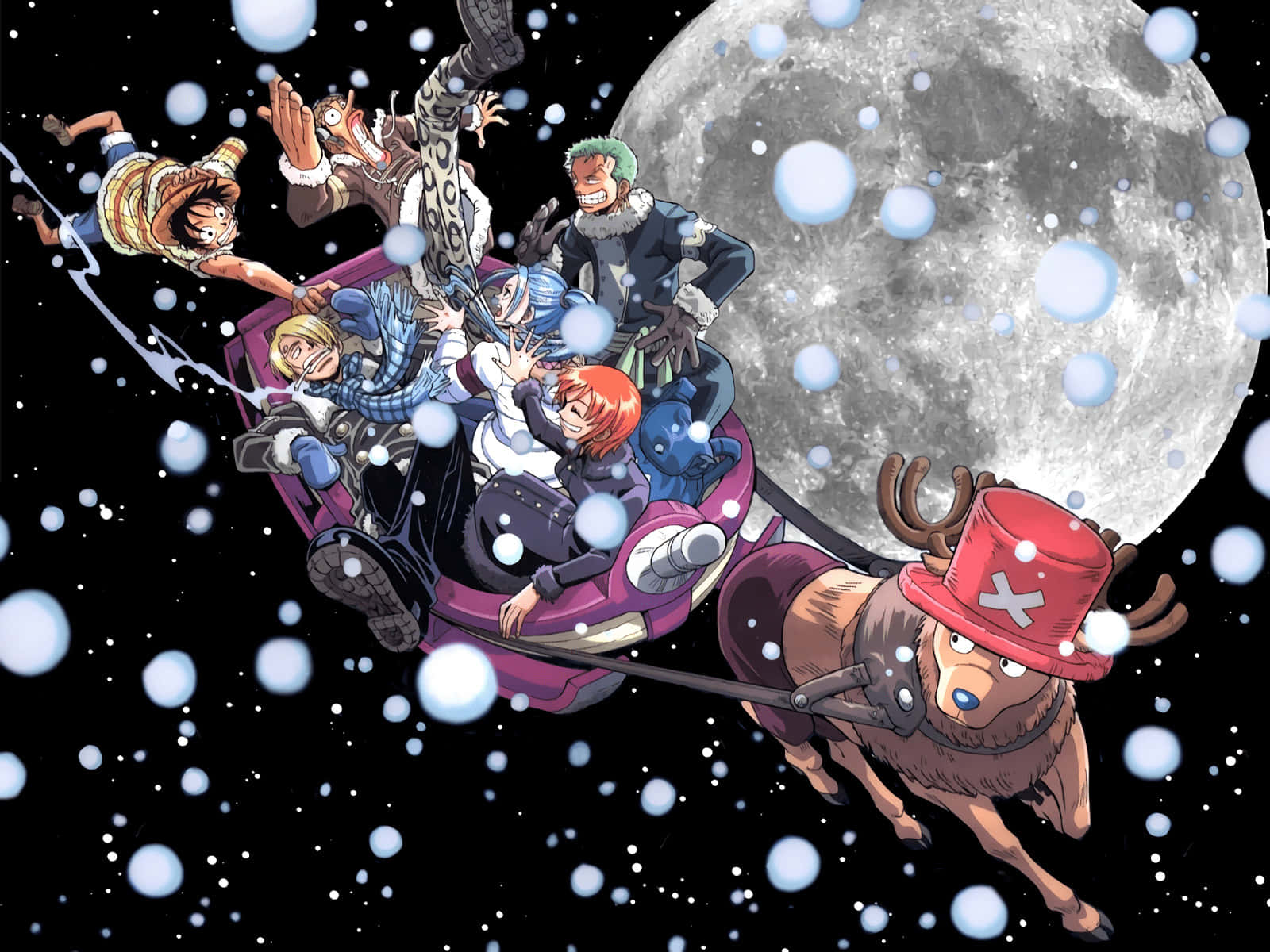  壁紙 — 動畫團隊乘坐由馴鹿拉著的雪橇，在滿天星斗的夜空下，巨大的月亮旁行駛。
