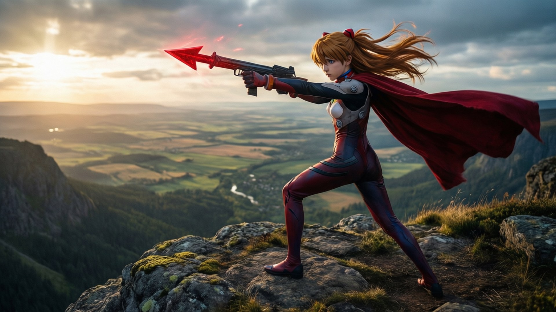 Hero's Dawn 壁紙 — 一位身穿紅黑盔甲的女性動漫戰士站在長滿苔蘚的懸崖邊緣，在日落時分瞄準一把發光的紅色步槍，俯瞰廣闊的山谷。