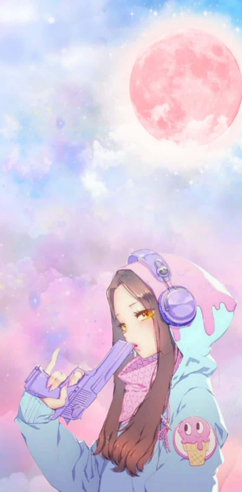  壁紙 — 一個穿著連帽衫和耳機的年輕動漫女孩在粉彩天空下，於巨大的粉紅月亮下拿著一把紫色槍。