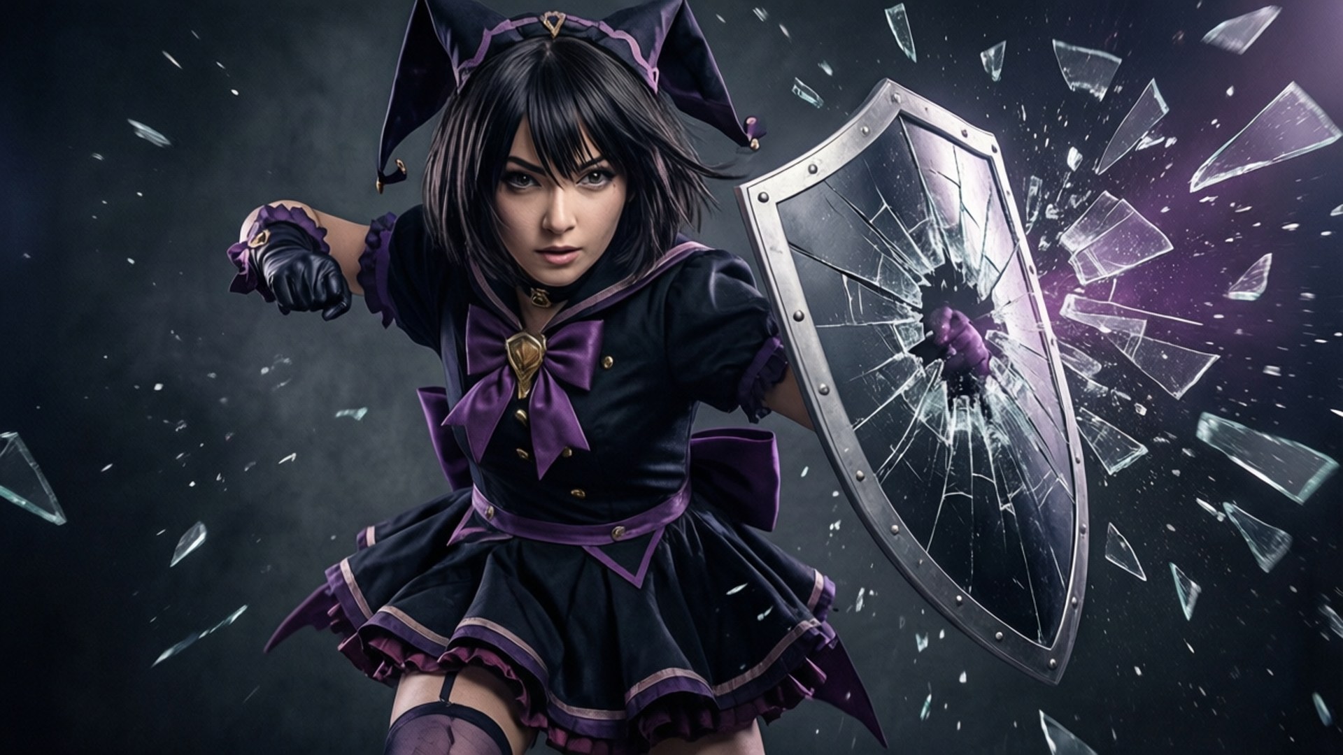 Time Stop Homura 壁紙 — 一個兇猛的動漫風格少女，身穿黑色和紫色女傭服，揮舞著一個破碎的盾牌，周圍有玻璃碎片爆炸。