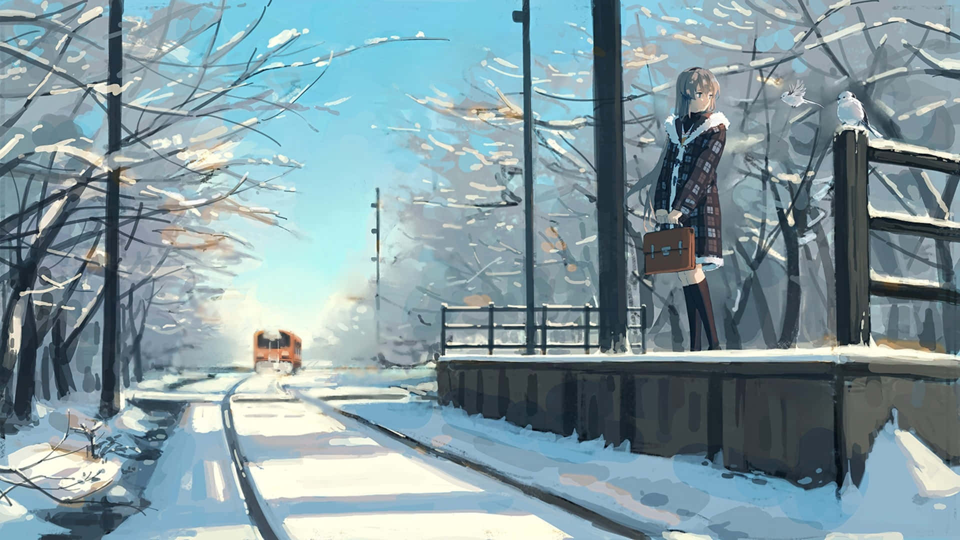  壁紙 — 一個孤獨的動漫女孩穿著格子外套站在雪中的火車月台上，一列紅色火車穿過冬天的樹木駛近。