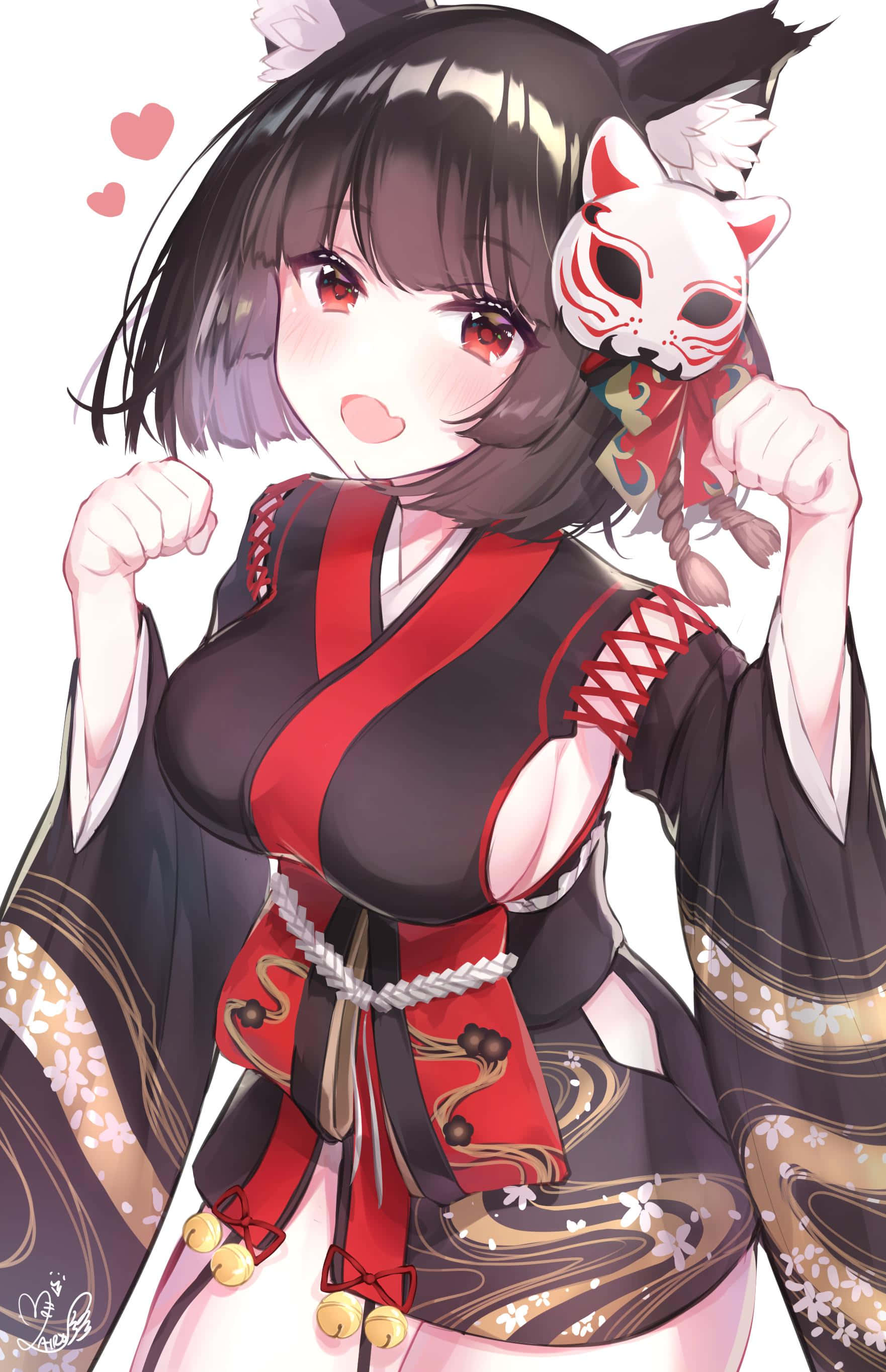 Azur Lane Yamashiro 桌布 壁紙 — 動漫女孩身穿紅黑和服，手持狐狸面具，周圍漂浮著心形表情符號。
