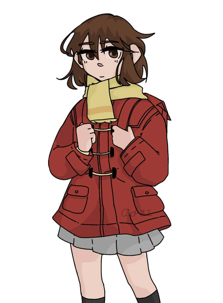 Kayo Hinazuki 桌布 壁紙 — 動漫女孩穿著紅色粗呢大衣和黃色圍巾，站在白色背景前，雙手放在大衣鈕扣上。