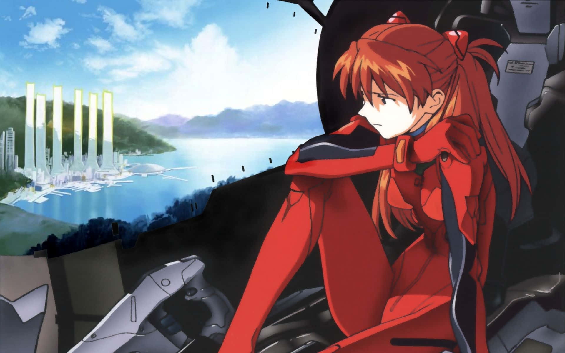 Asuka Langley Soryu 桌布 壁紙 — 一位紅髮動漫女孩穿著紅色套裝坐在駕駛艙內，俯瞰著一座未來主義的海岸城市，城市中有發光的塔樓和山脈，天空湛藍明亮。