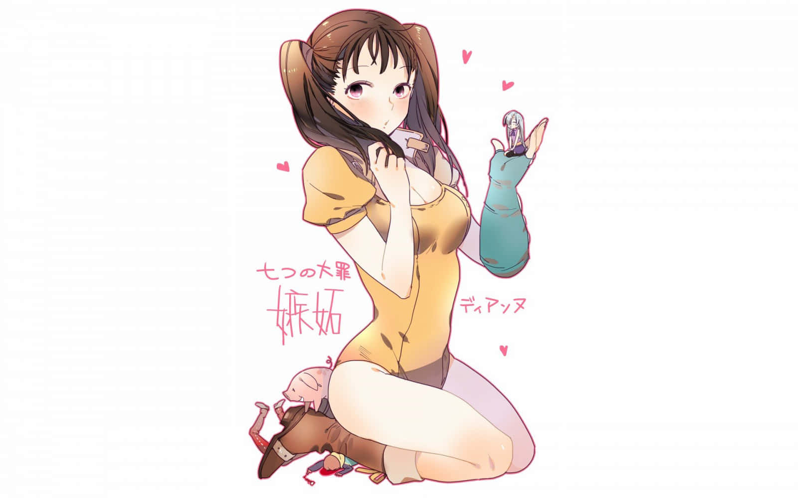 黛安——嫉妒之蛇，穿著她的經典服裝 壁紙 — 動漫女孩身穿黃色連衣裙跪著，抱著一個小娃娃，周圍有心形漂浮。