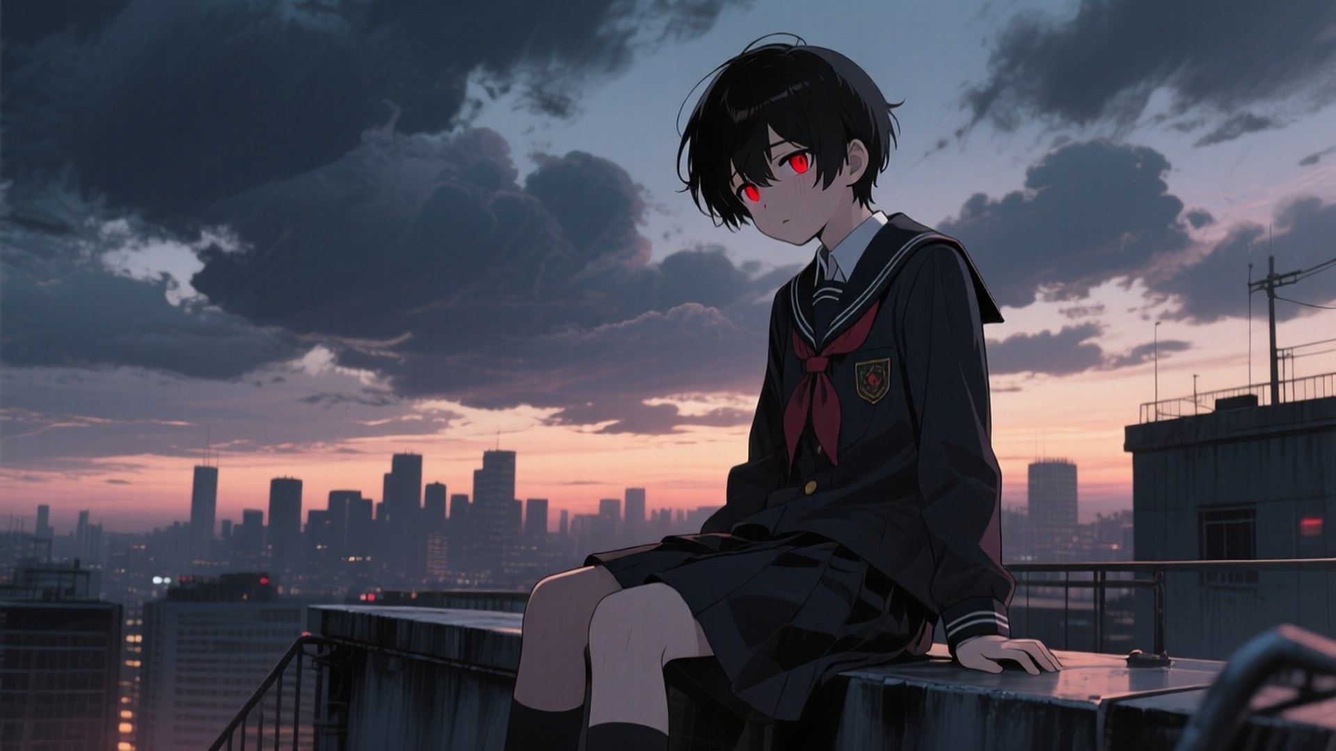 Rooftop Solitude 壁紙 — 一個孤獨的動漫女孩，擁有發光的紅色眼睛，坐在屋頂上，俯瞰黃昏時分戲劇性雲層下的城市天際線。