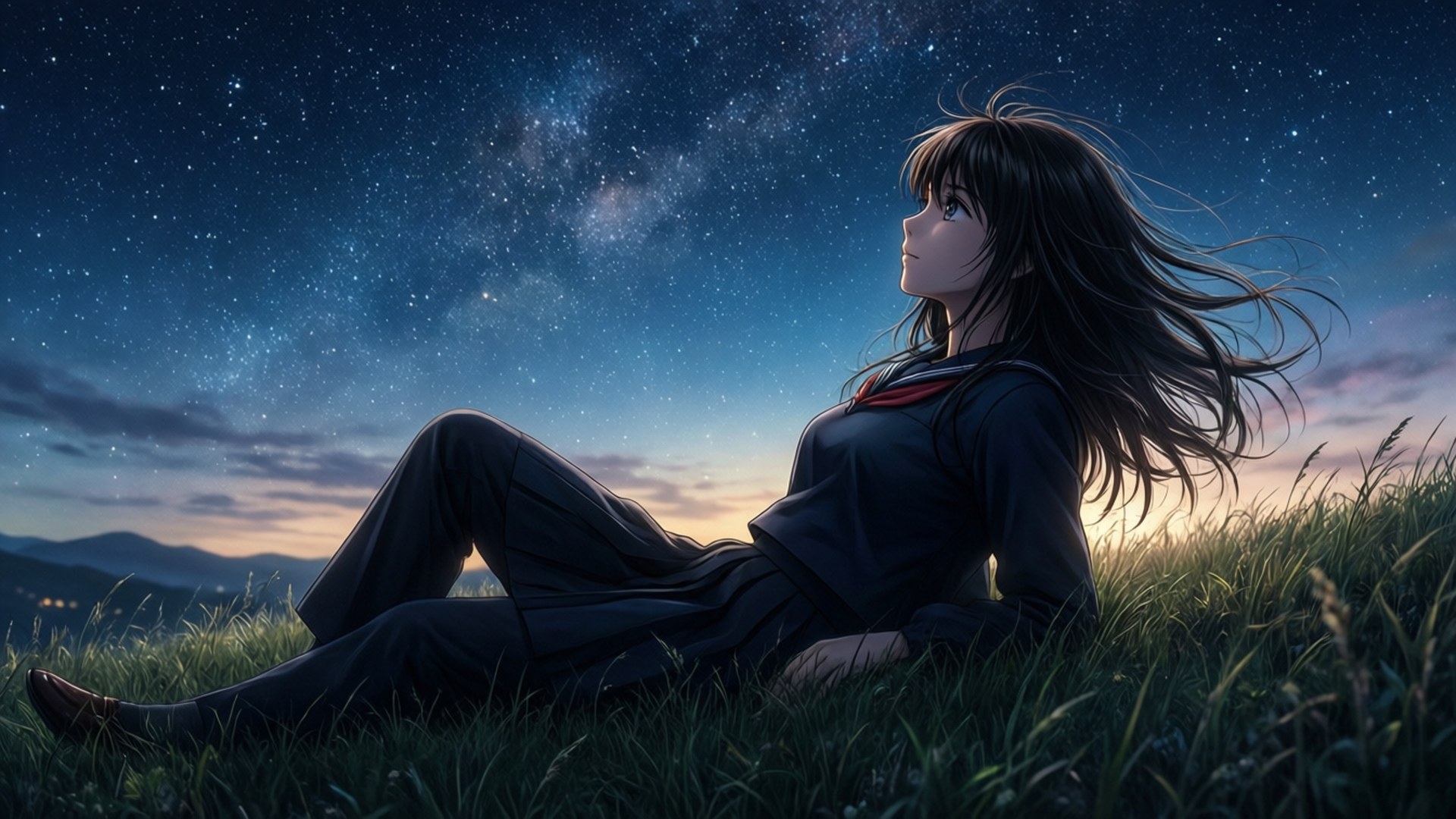 Nagisa Furukawa 桌布 壁紙 — 一個穿著校服的年輕動漫女孩坐在草地上，仰望頭頂上燦爛的星空和銀河。