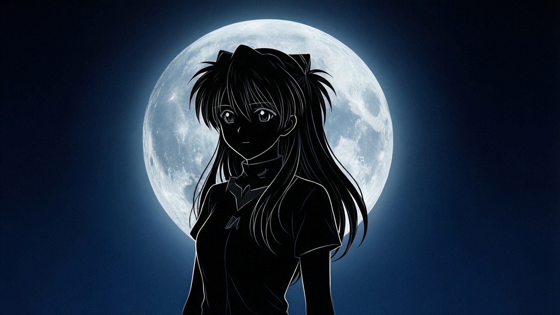 Silhouette Moon Akane 壁紙 — 一個黑髮動漫女孩的剪影站在發光的滿月前，背景是深藍色的夜空。