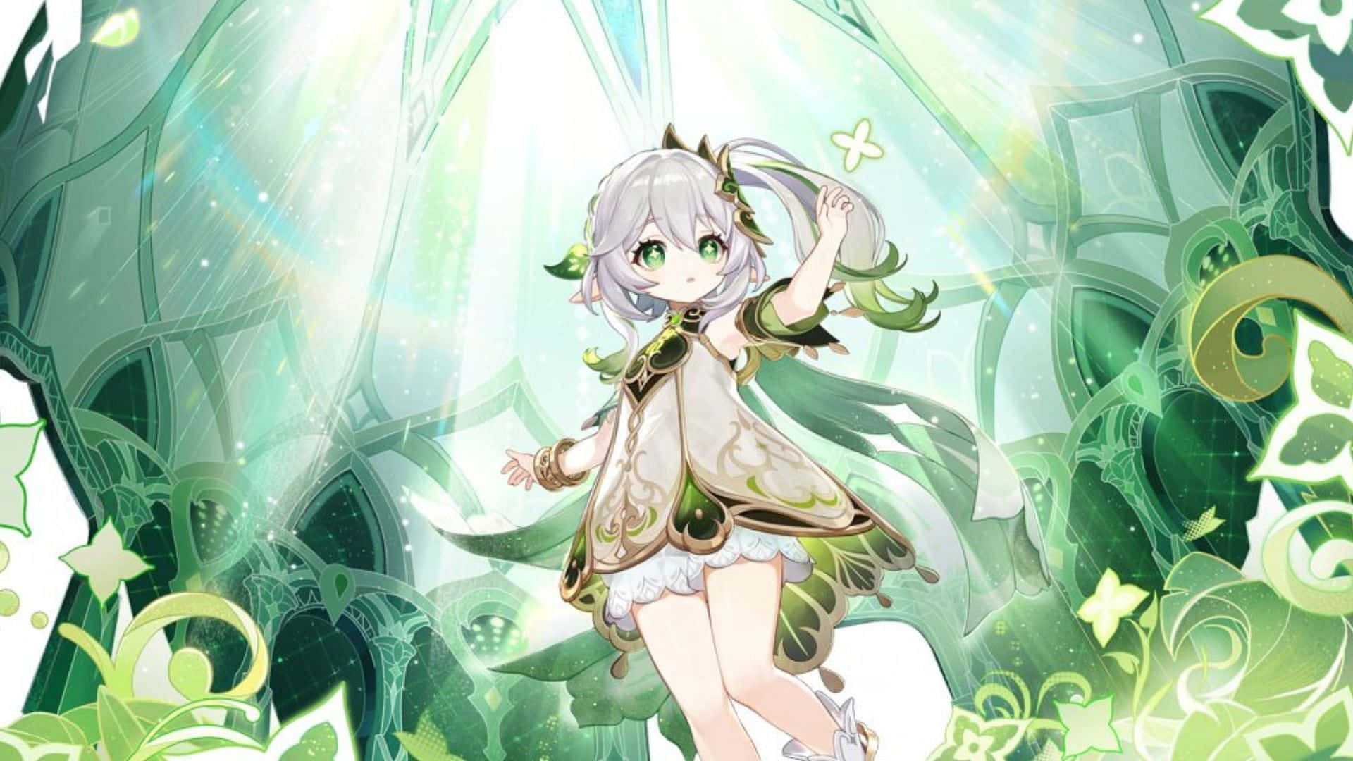 Nahida 桌布 壁紙 — 一位開朗的動漫女孩，銀色頭髮和綠色眼睛，在閃爍的綠色藤蔓和葉子中，於光輝的森林中跳舞。