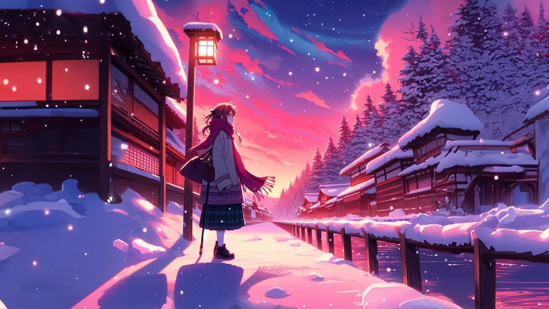  壁紙 — 一個孤獨的動漫女孩圍著圍巾，在黃昏時分走過一個白雪覆蓋的日本村莊，天空呈現鮮豔的粉紅色和紫色。