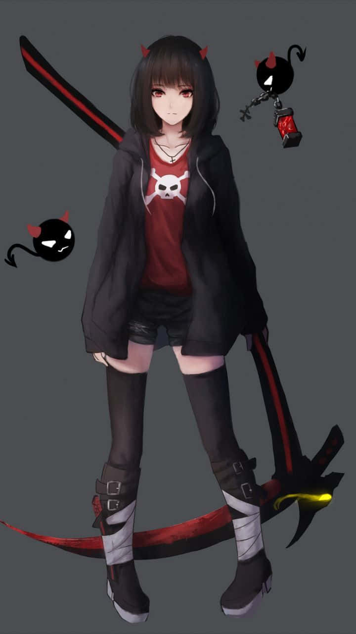  壁紙 — 動漫女孩，黑髮紅角，揮舞著一把巨大的紅黑鐮刀，小惡魔精靈漂浮在她周圍。
