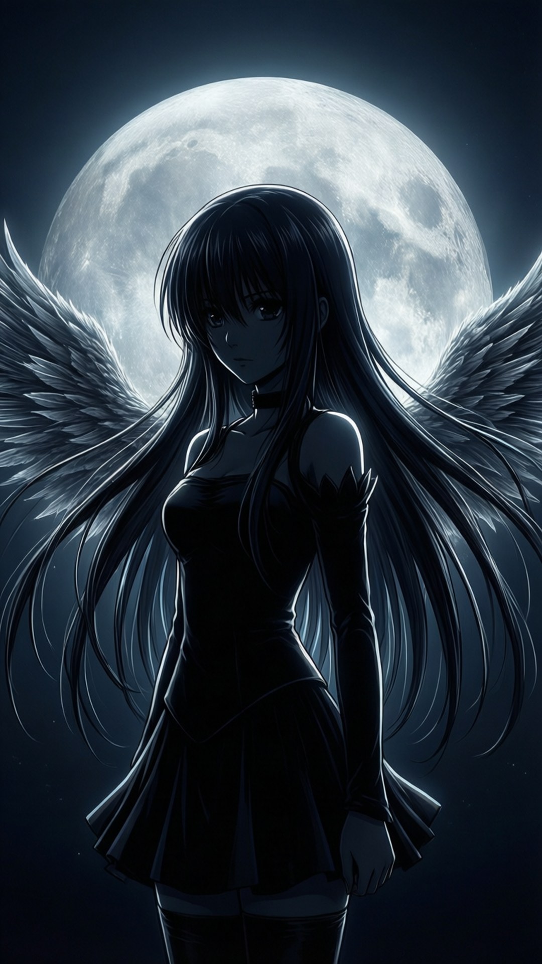 Moonlit Angel 壁紙 — 一個深色頭髮的動漫女孩，擁有巨大的黑色羽毛翅膀，站在一個巨大的發光月亮前形成剪影。