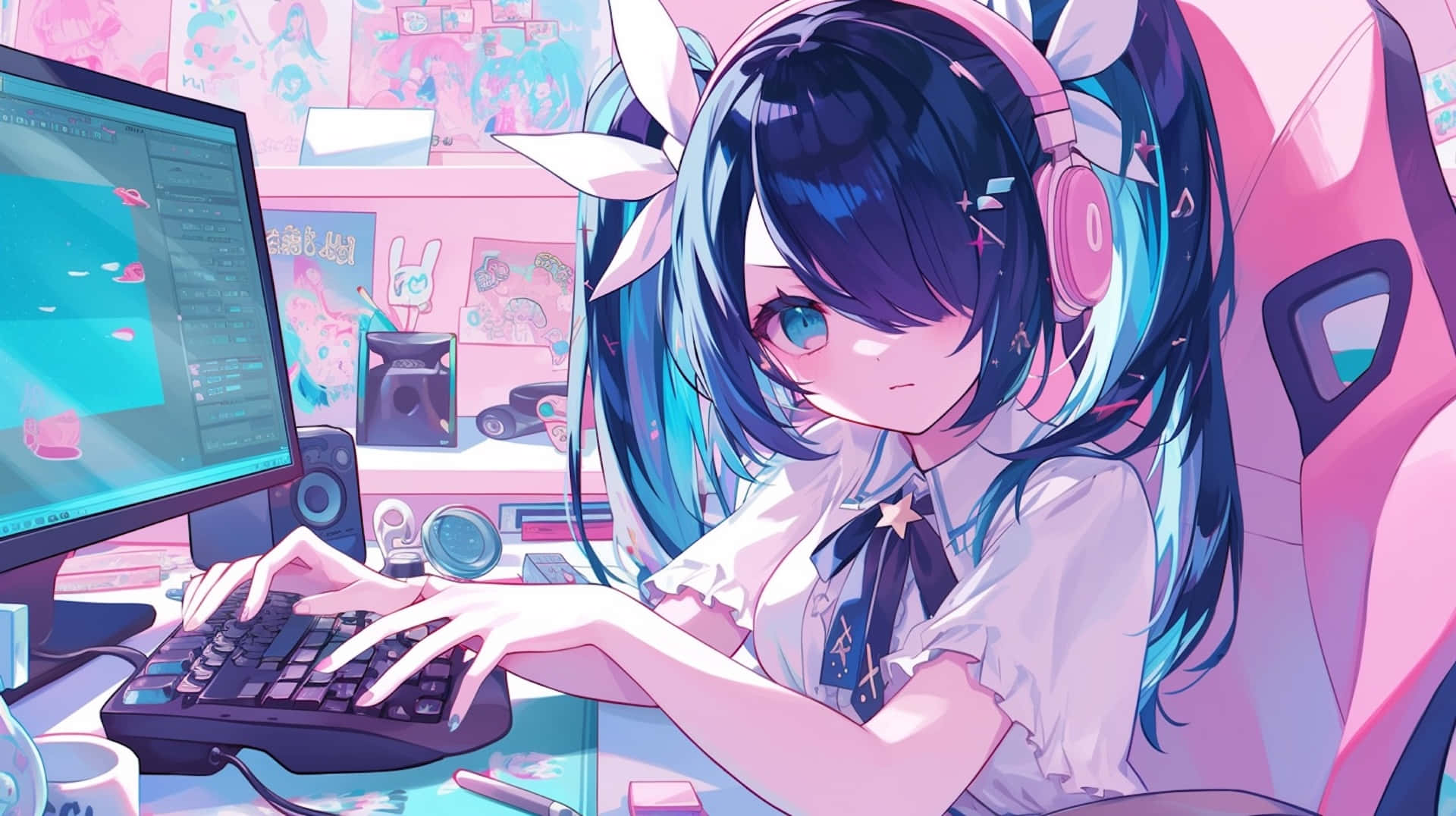 Needy Streamer Overload 桌布 壁紙 — 藍髮粉紅耳機的動漫女孩在充滿活力的粉紅色遊戲室中打字。