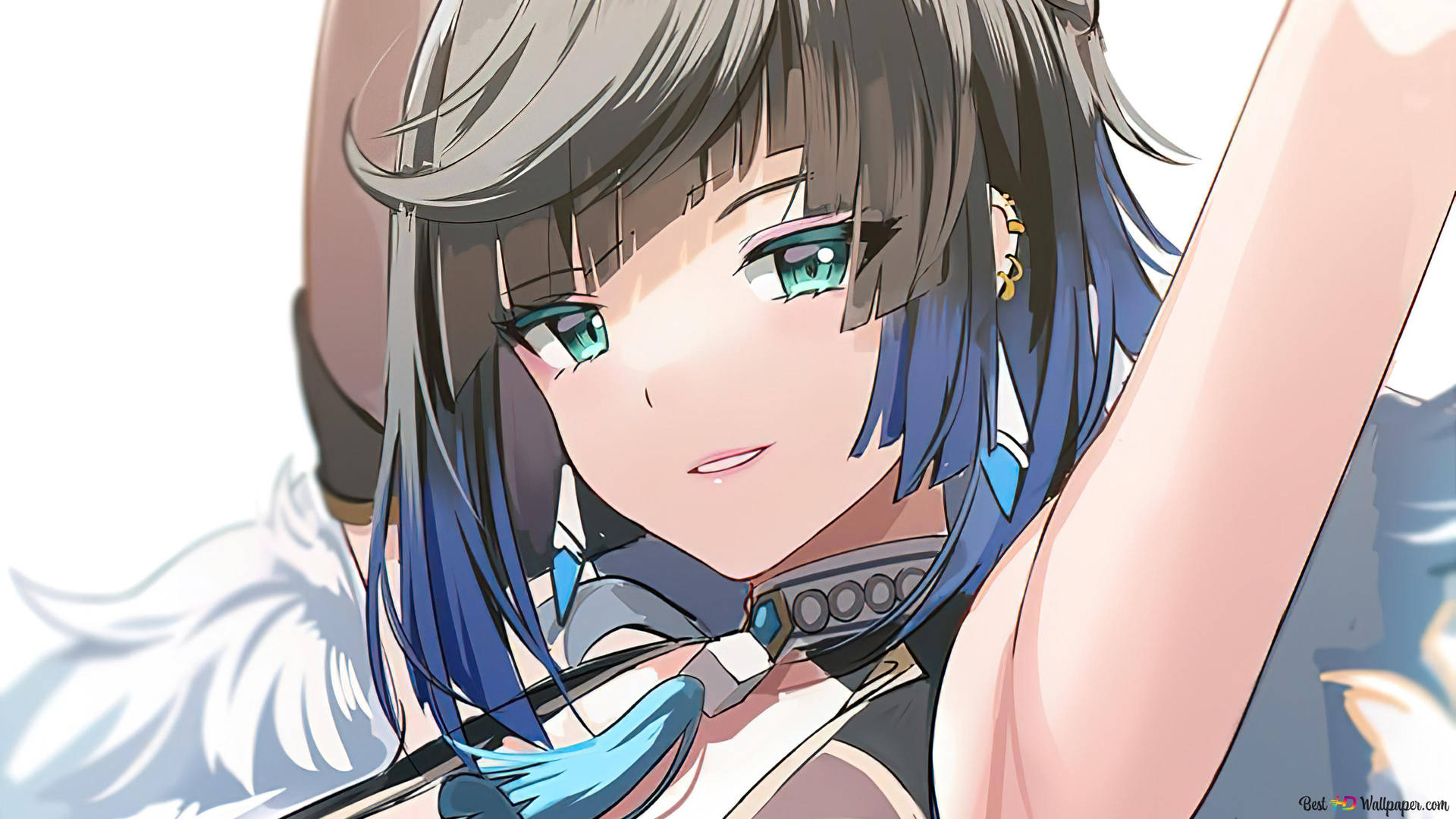 藍髮藍綠色眼睛的動漫女孩微笑著舉起手臂。 — 原神 蘇蘋 壁紙