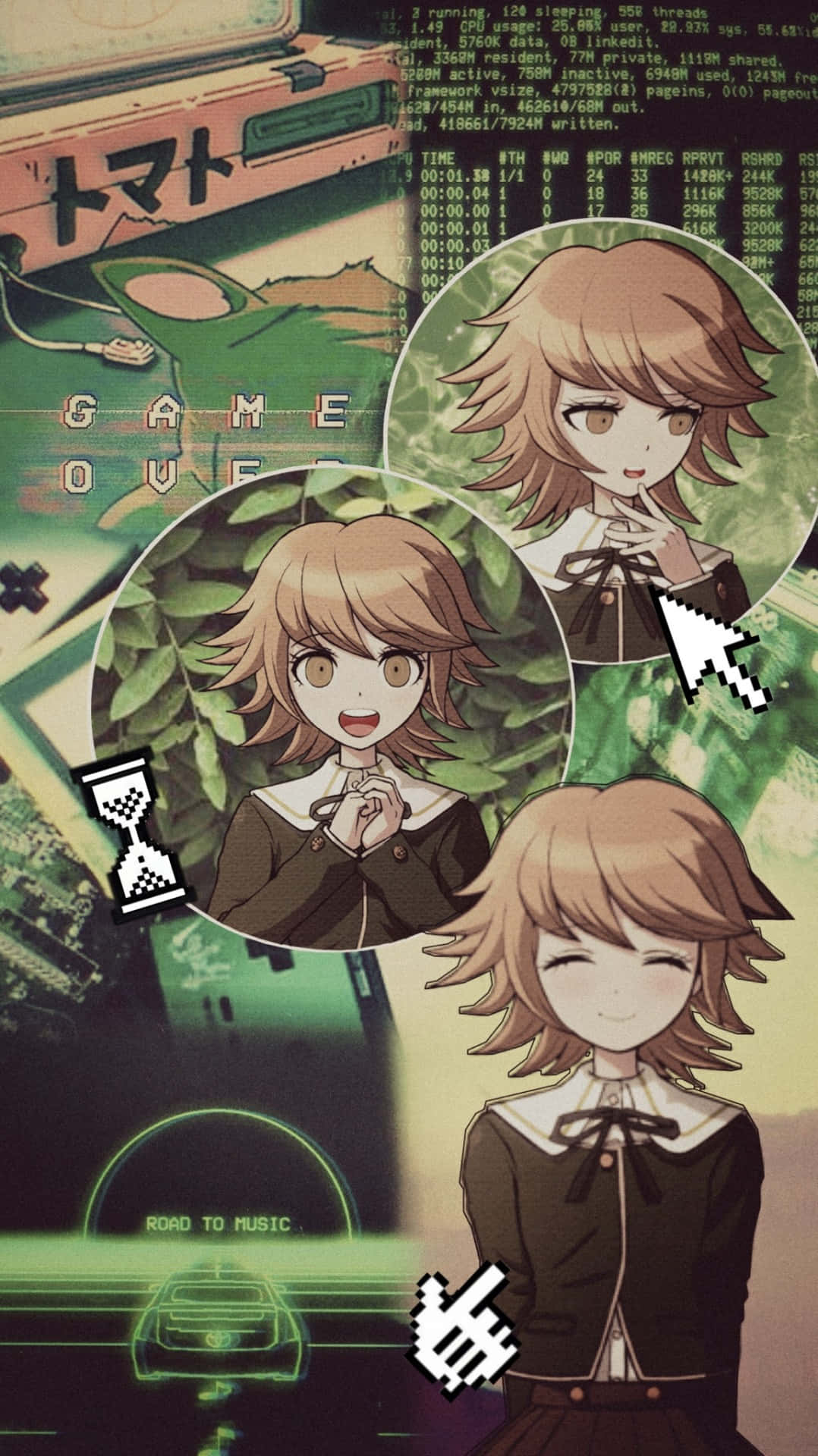  壁紙 — 棕色頭髮的動漫女孩出現在多個圓形框架中，背景是帶有遊戲結束文字和像素藝術元素的故障綠色數位背景。