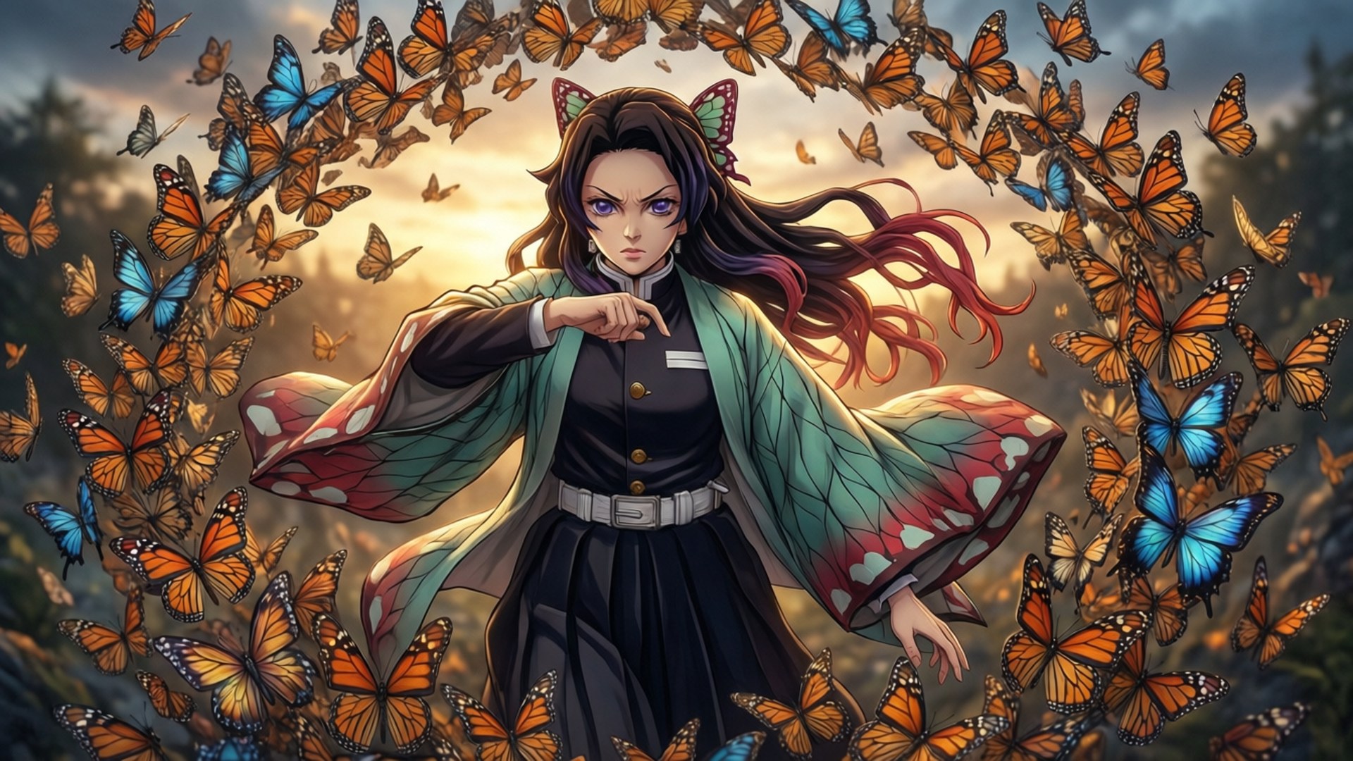 Butterfly Guardian 壁紙 — 一個堅定的動漫女孩，長著貓耳和飄逸的頭髮，在日落時分被旋轉的橙色和藍色蝴蝶包圍。