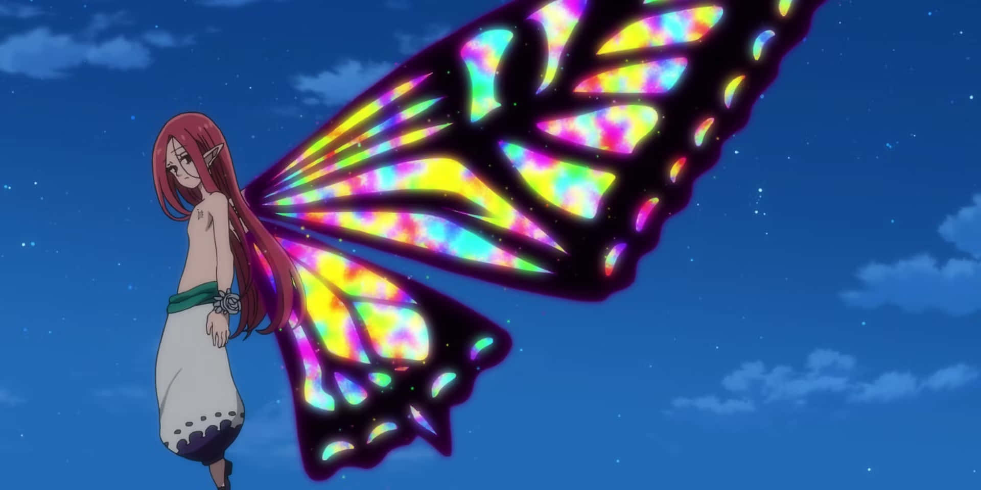 Seven Deadly Sins Gloxinia 桌布 壁紙 — 一個紅髮動漫女孩，擁有巨大的彩虹色蝴蝶翅膀，在繁星點點的夜空下漂浮。