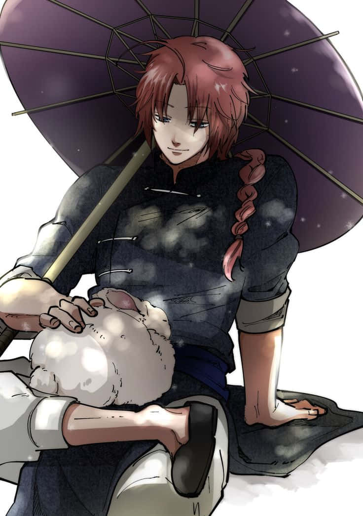  壁紙 — 紅髮辮子動畫女孩在雪景背景下，於紫色傘下抱著一隻白兔。