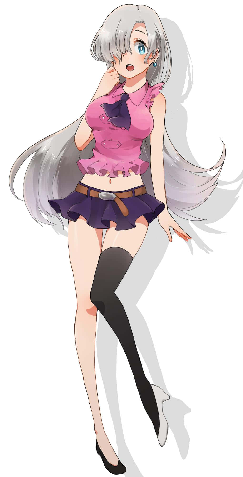 Seven Deadly Sins Elizabeth Liones 桌布 壁紙 — 銀髮藍眼動漫少女，身穿粉紅色上衣、紫色裙子及黑色過膝襪，在白色背景前擺姿勢。
