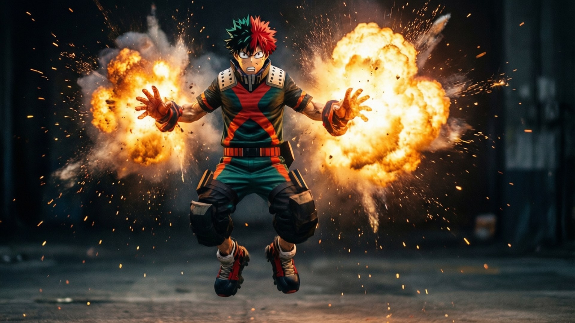 Explosive Mid-Air Fury 壁紙 — 一位紅綠髮的動漫英雄在空中躍起，雙臂伸展，掌心爆發出火焰爆炸，背景是黑暗的工業場景。