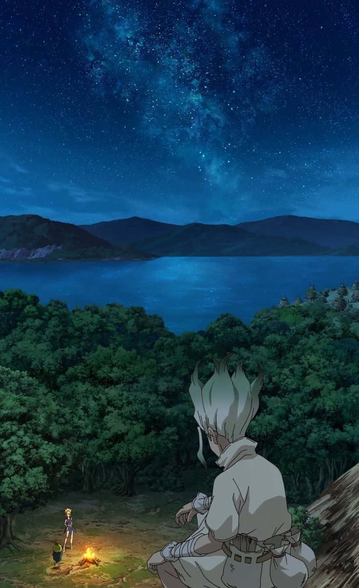  壁紙 — 一個孤獨的銀髮動漫角色凝視著星空下的寧靜藍色湖泊，周圍是茂密的森林。