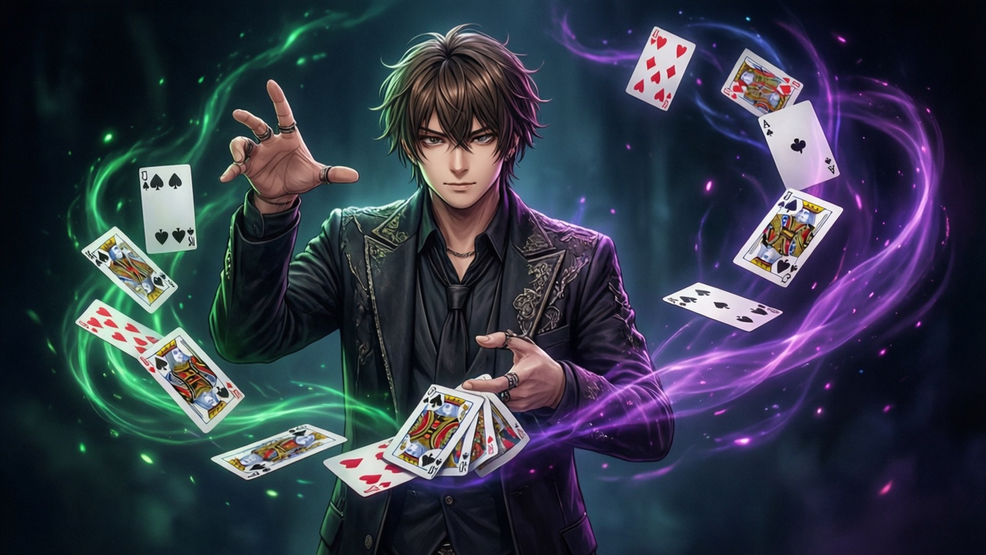 Lyney 桌布 壁紙 — 一位身穿黑色外套的英俊動畫魔術師，操控著漂浮的撲克牌，綠色和紫色的魔法能量在他周圍旋轉。