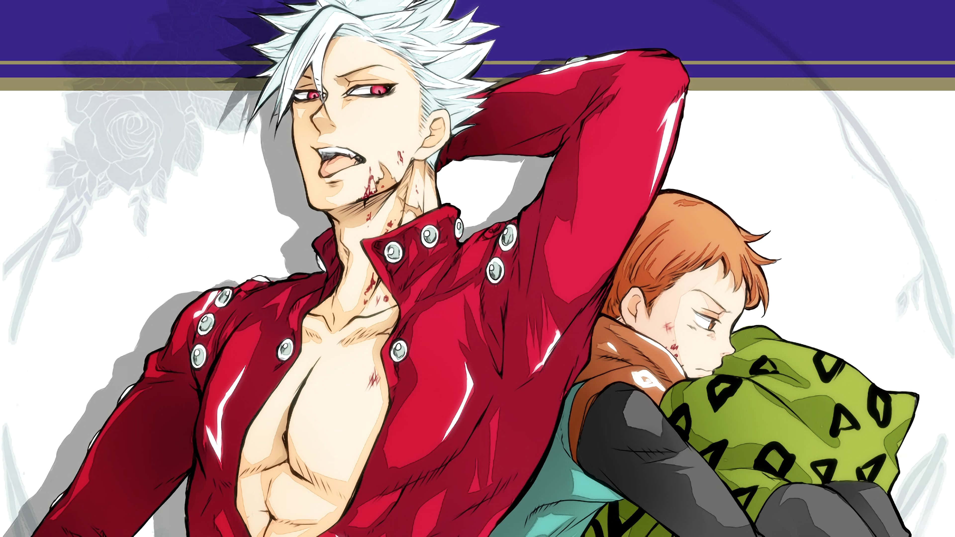 Seven Deadly Sins King 桌布 壁紙 — 一個刺蝟頭的動畫男人，穿著有血漬的紅色外套，向後靠著，而一個較小的男孩在他的肩膀上睡覺。