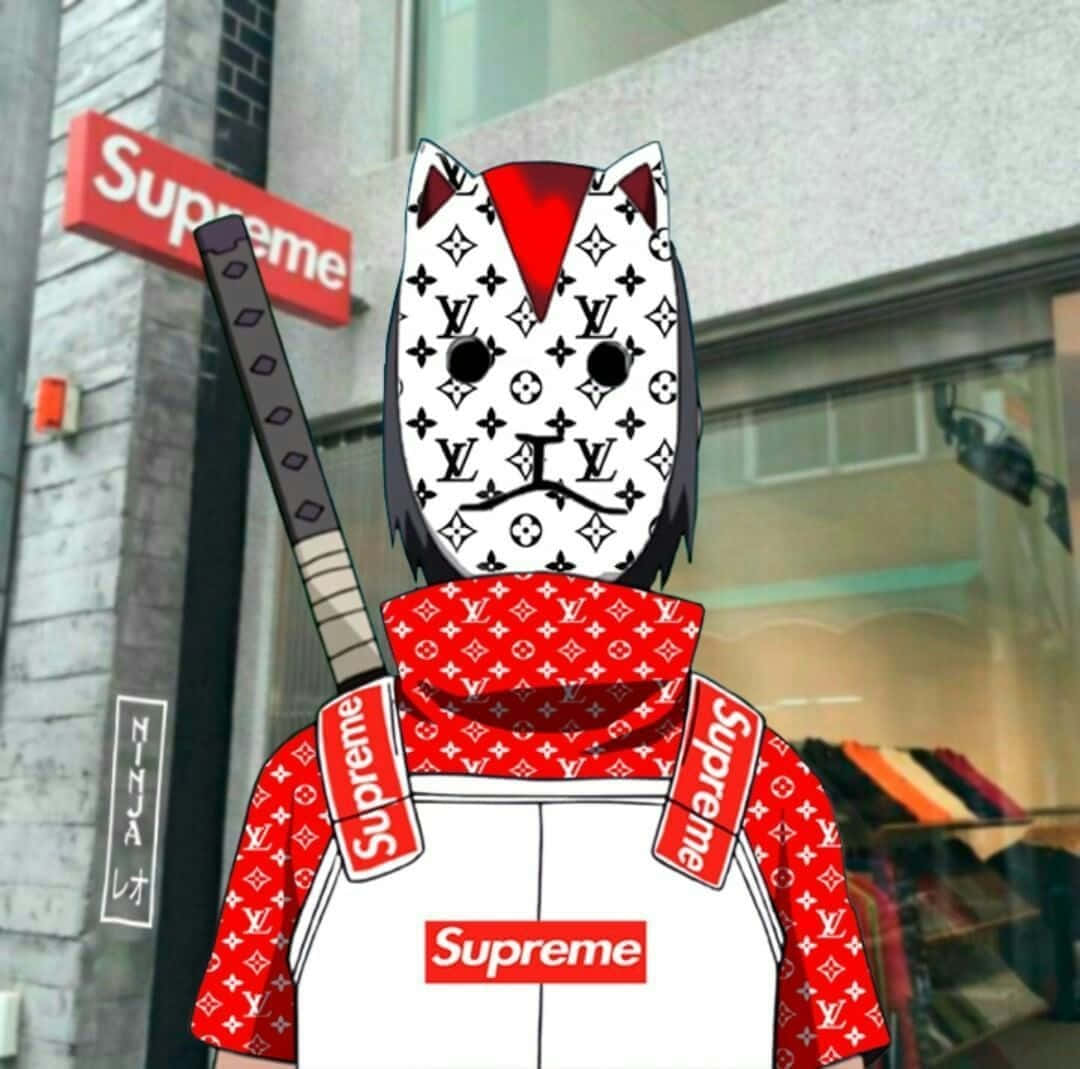  壁紙 — 一個動漫風格、戴面具的人物，身穿 Supreme 和 Louis Vuitton 品牌裝備，手持武士刀站在 Supreme 商店前。