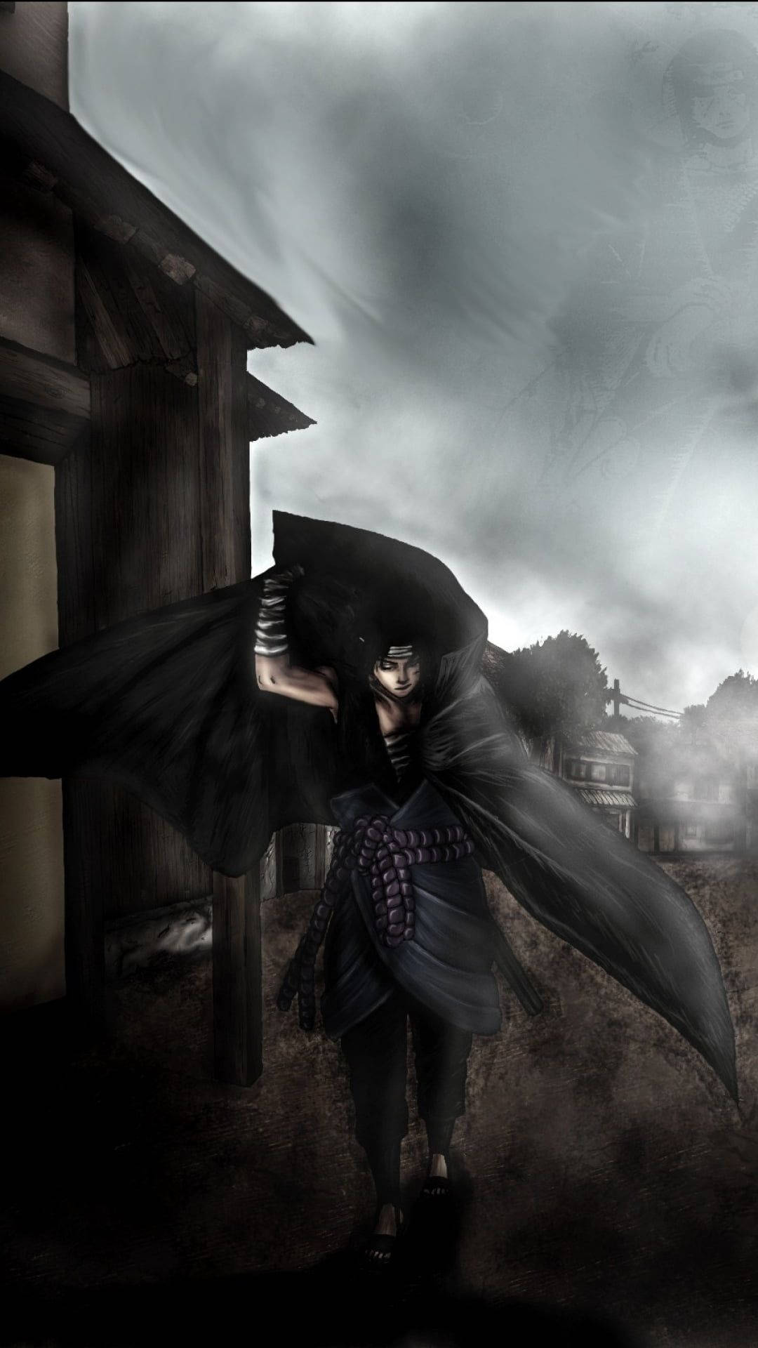 動漫忍者身穿黑色斗篷，站在灰色天空下的暴風雨村莊中 — Sasuke 壁紙