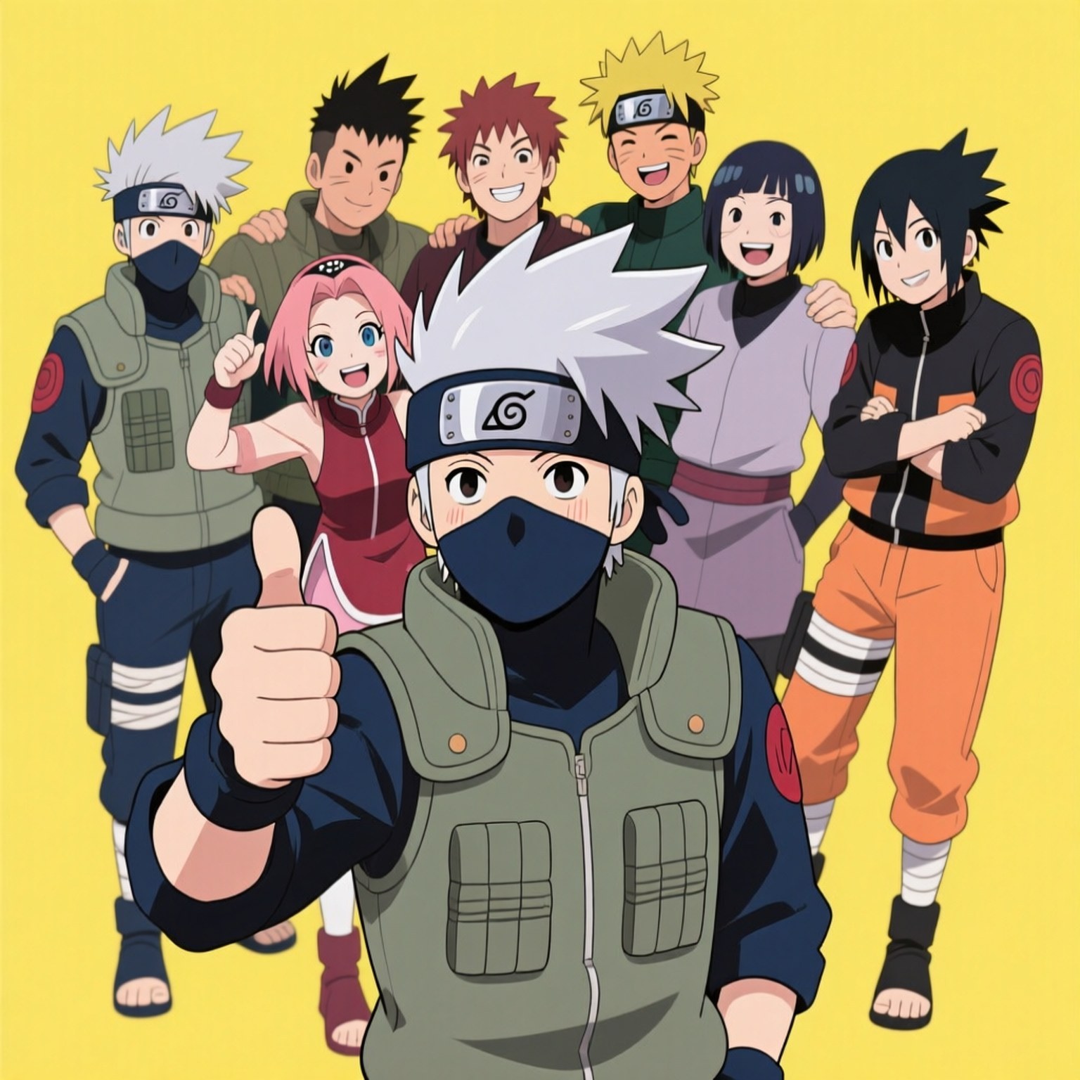 Team 7 Memory 壁紙 — 一群充滿活力的動畫忍者團體在純黃色背景前愉快地擺姿勢，前景中有一個角色豎起大拇指。