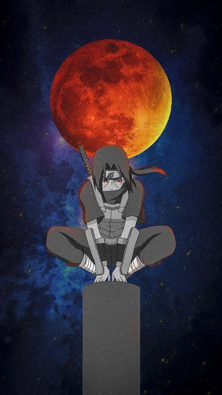  壁紙 — 一個動漫忍者坐在柱子上，下方是巨大的紅色月亮，背景是星空宇宙。
