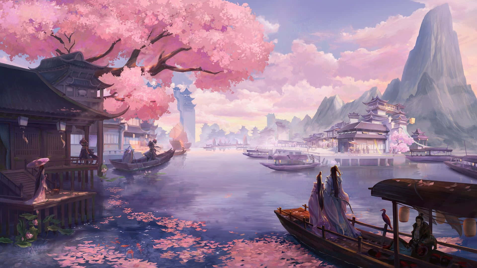  壁紙 — 一幅寧靜的動漫風格河景，櫻花漂浮在水面上，傳統建築在粉紅色的天空下。