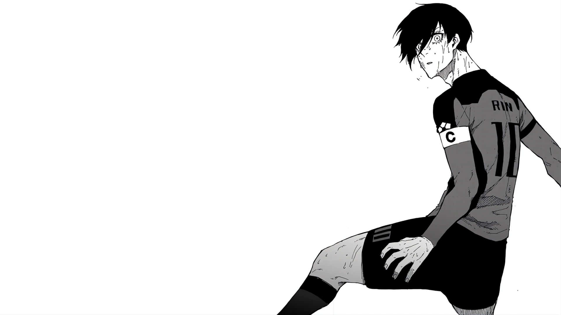  壁紙 — 一個黑白動漫足球員，身穿背後印有「RIN」和「11」的球衣，以動態姿勢坐在純白色背景前。