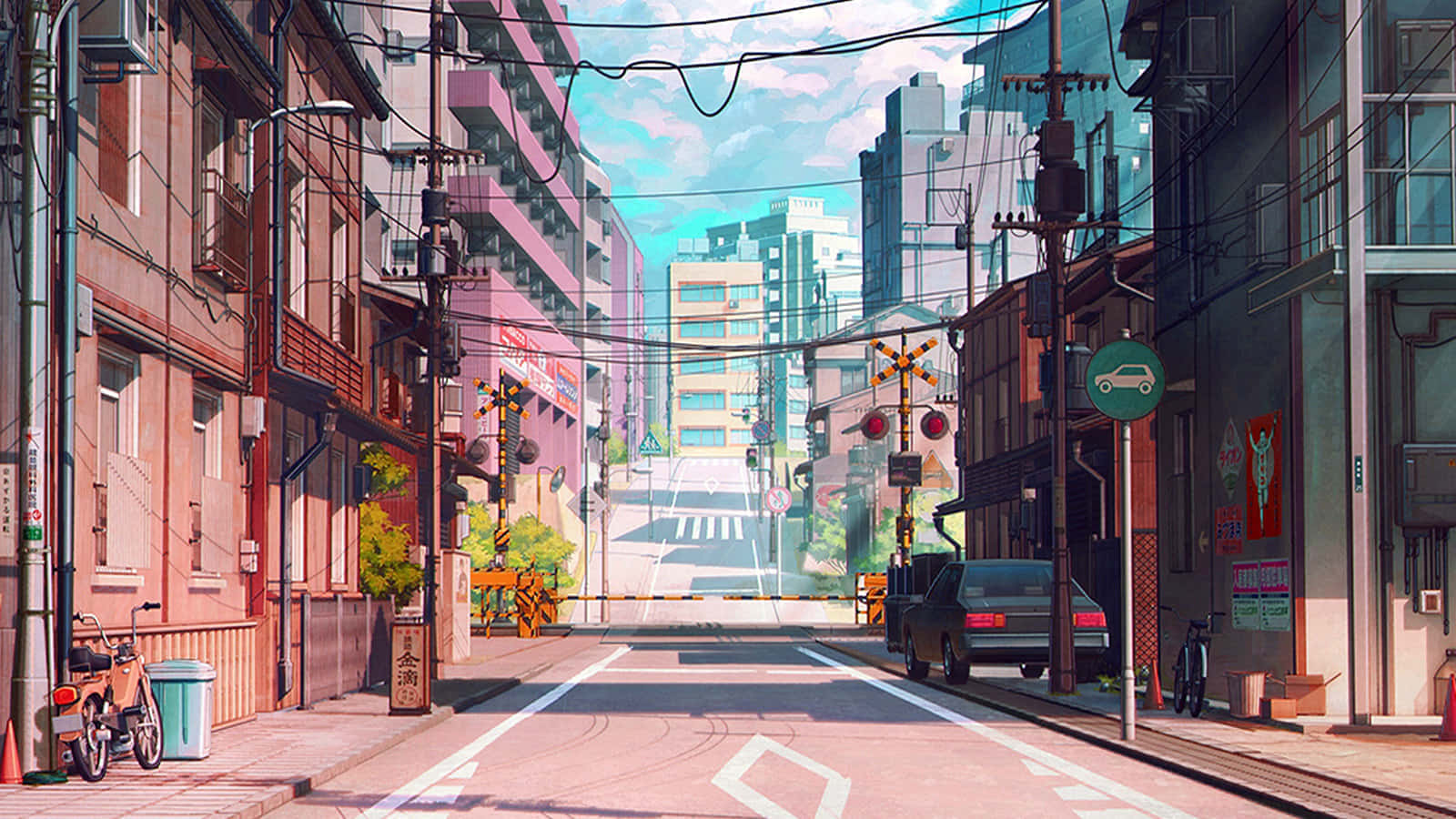  壁紙 — 日本城市中充滿活力的動漫風格街景，頭頂有色彩繽紛的建築物，前方有火車駛過。