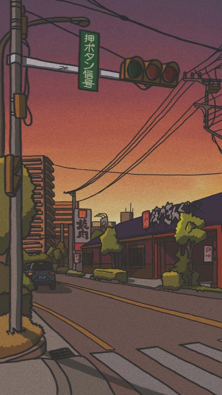  壁紙 — 夕陽下充滿活力的動漫風格街景，有交通號誌和日文標誌，背景是溫暖的橙色天空。