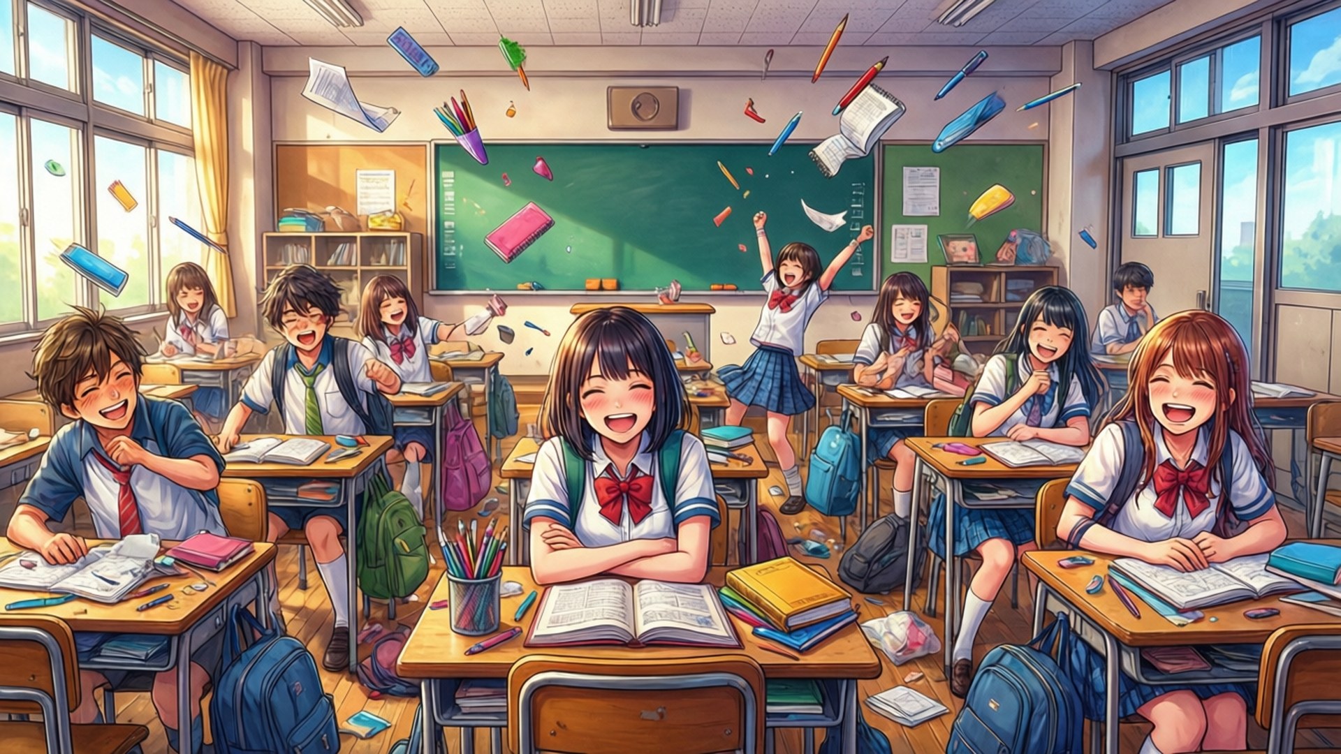 特別的 桌布 壁紙 — 動漫風格的學生穿著校服，在陽光普照的教室裡歡樂慶祝，書本和鉛筆在空中飛舞。
