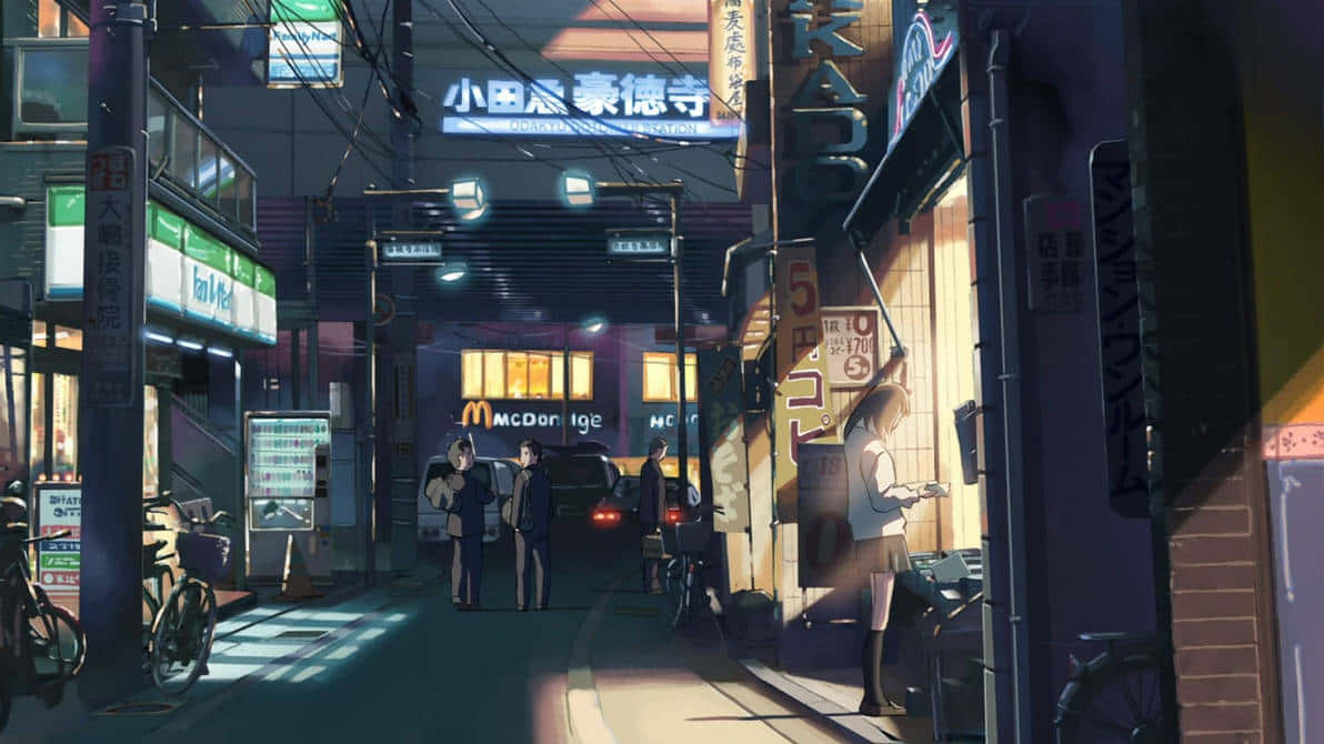  壁紙 — 動漫風格夜景，狹窄的日本小巷中閃爍著霓虹燈招牌，學生在溫暖的路燈下行走。
