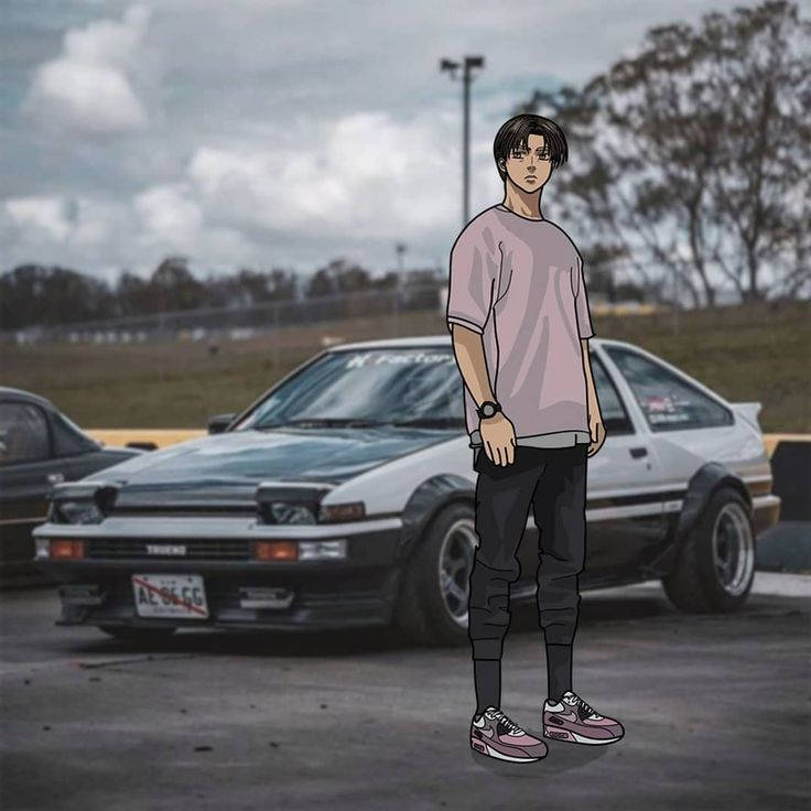 穿著休閒服的動漫角色站在改裝過的AE86飄移車旁邊。 — 頭文字D 壁紙