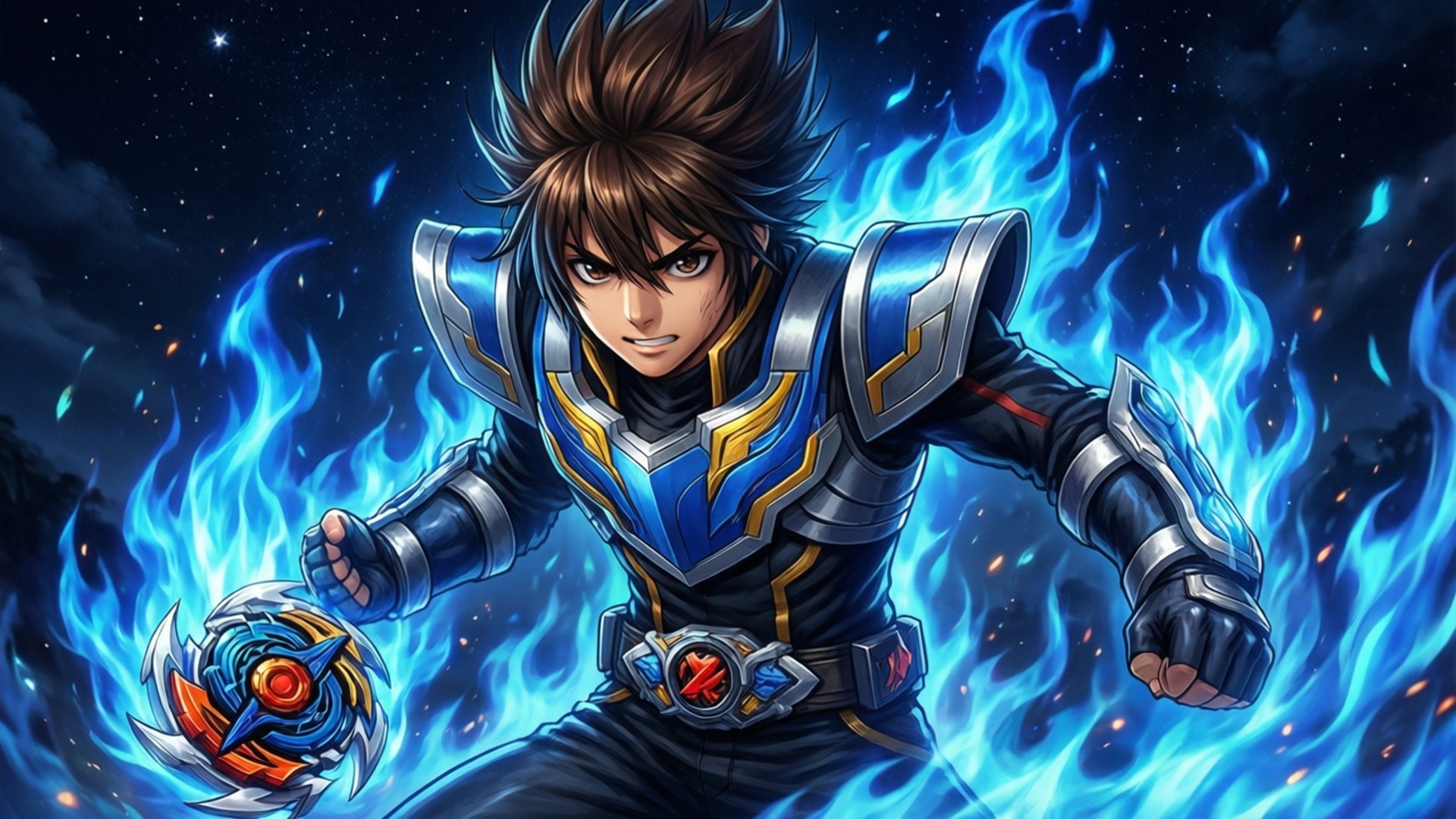 Aiger's Blazing Spirit 壁紙 — 一位堅定的動漫戰士身穿藍銀鎧甲，站立在咆哮的藍色火焰中，在繁星點點的夜空下手持旋轉的戰鬥陀螺。