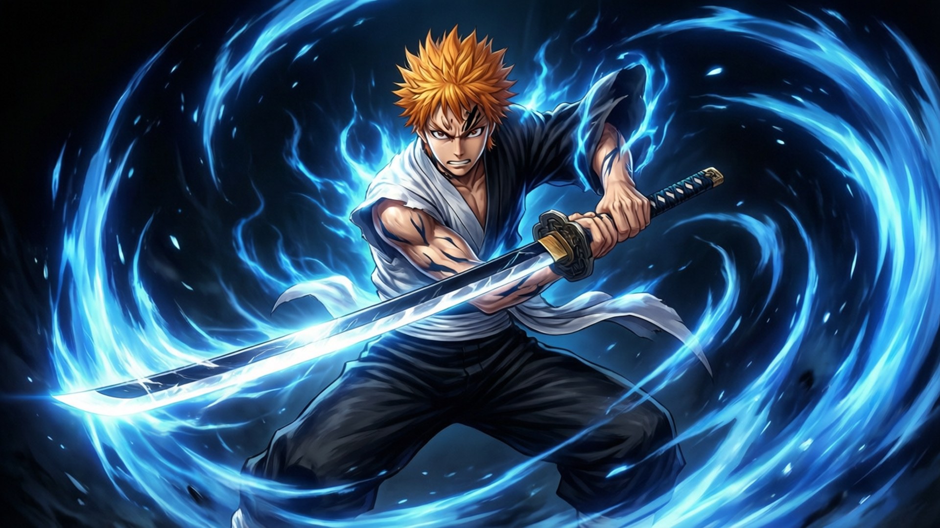 Charging Getsuga Tenshou 壁紙 — 一個刺蝟頭髮的動漫戰士穿著黑白裝備，在黑暗背景下被旋轉的藍色能量包圍，揮舞著發光的劍向前斬擊。