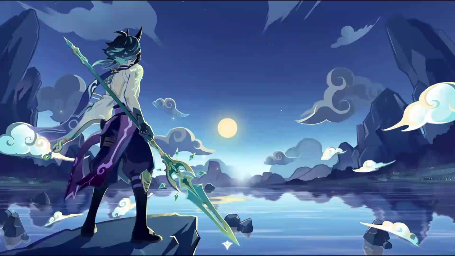  壁紙 — 一個風格化的動漫戰士在黃昏時站在懸崖邊，手持發光的長矛，俯瞰著被鋸齒狀山脈環繞的寧靜月光湖。