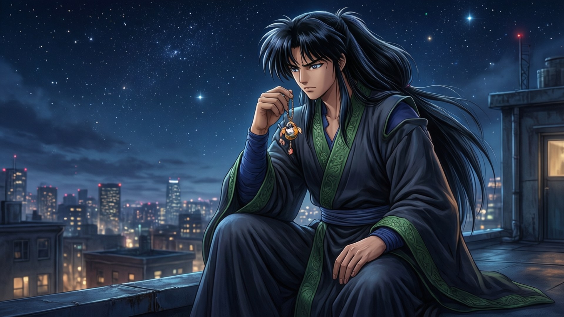 Rooftop Contemplation 壁紙 — 一個孤獨的動漫戰士，長長的黑髮，夜晚坐在屋頂上，在星空下拿著吊墜，身後是城市景觀。