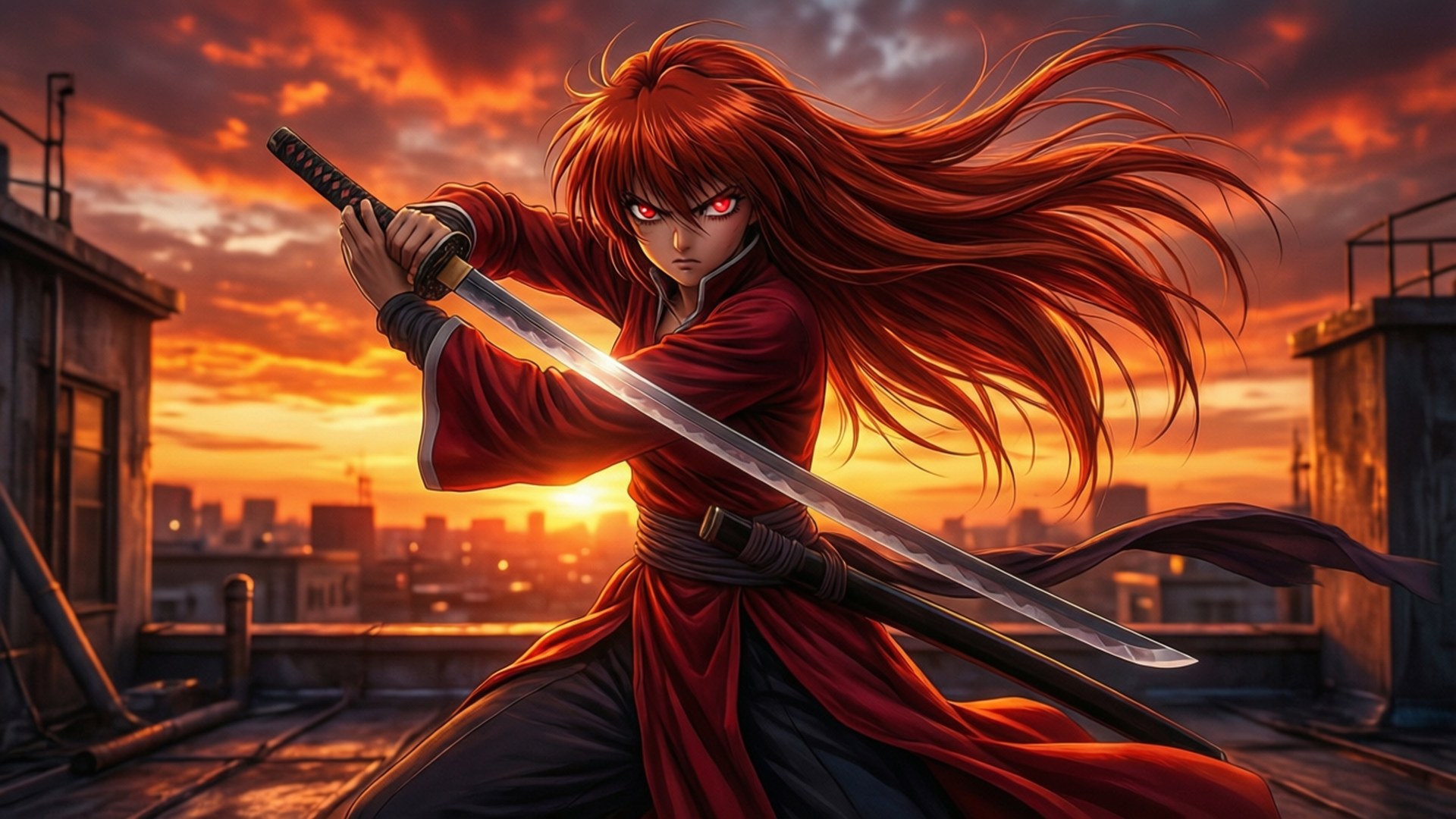 Shakugan No Shana 桌布 壁紙 — 一位紅髮動漫戰士，雙眼發光，在日落時分站在屋頂上，揮舞著武士刀，背景是火紅的橙色天空。