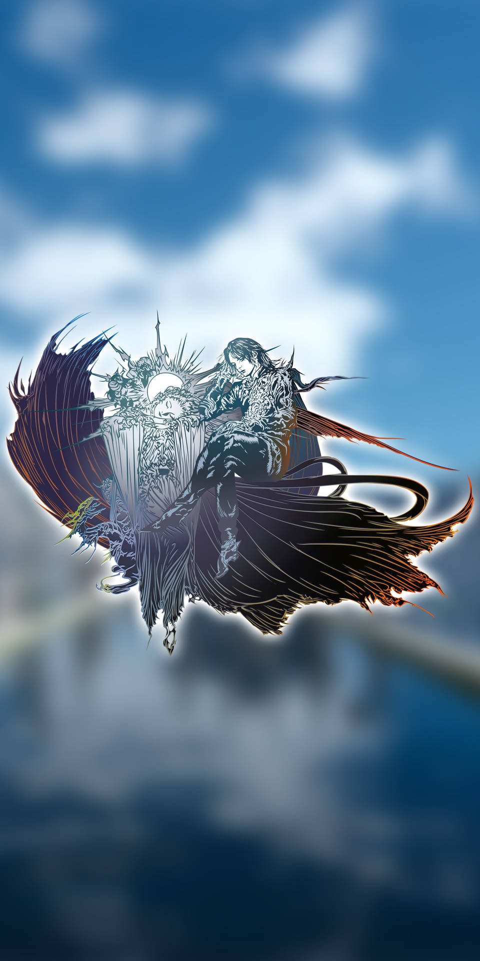 動漫戰士騎著骷髏龍穿過藍天白雲。 — 最終幻想 壁紙