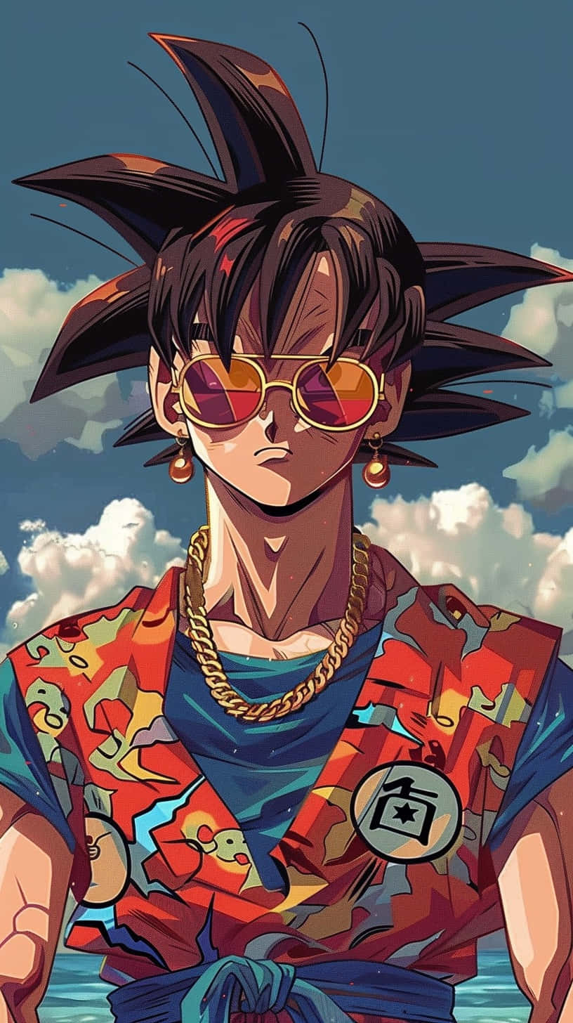  壁紙 — 一個自信的動漫戰士，有著尖刺頭髮和金框太陽眼鏡，站在多雲的天空下，穿著色彩繽紛的圖案道服。
